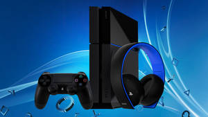 PlayStation 4主機控制器和耳機在抽象藍色背景上帶有發光藍色點綴。
