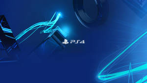在深藍色數位背景上，帶有霓虹光跡的發光PS4標誌。