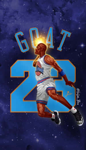 身穿白色球衣的籃球運動員在星空宇宙背景下與「GOAT」和「23」一起躍起。