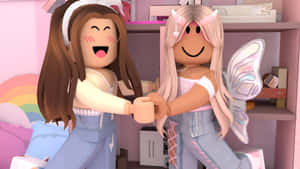 兩個微笑的 Roblox 角色在帶有彩虹裝飾的粉紅色臥室裡擁抱。