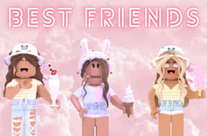 三個微笑的Roblox角色在粉紅色天空前拿著雪糕，並帶有「BEST FRIENDS」文字。 — 最好朋友 壁紙