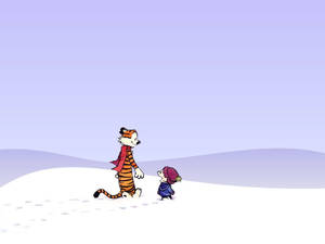 卡爾文和霍布斯在紫色天空下走在雪中。 — 卡爾文與霍布斯 壁紙