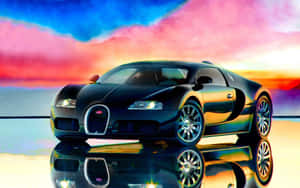 黑色Bugatti超級跑車在濕滑表面上倒映，色彩繽紛的日落。