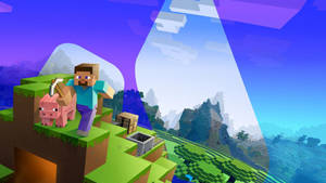 Minecraft玩家同豬喺懸崖上俯瞰像素世界
