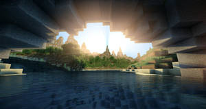 Minecraft 洞穴景觀，陽光照射在水面和山上