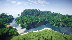 一個方塊狀的Minecraft島嶼，有樹木和河流，在藍天下。