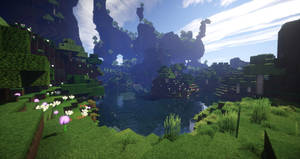 一個Minecraft場景，有湖、綠色地形同浮島，喺藍天下。