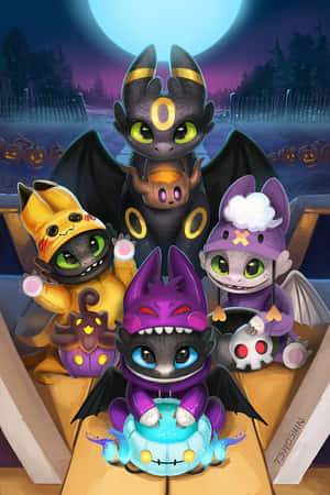五個卡通龍穿著萬聖節服裝，在滿月下與南瓜一起。