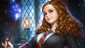 一位穿著校服的年輕女巫在魔法城堡中拿著發光的魔杖。