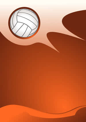 一個白色排球在圓形框架內，置於抽象橙色和啡色背景上。