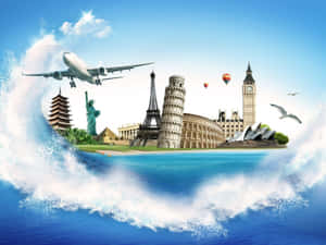 全球地標在晴朗的天空下漂浮在破碎的海浪上。