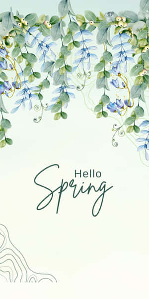 水彩春天花朵配上「Hello Spring」文字 — 藍色美學 壁紙