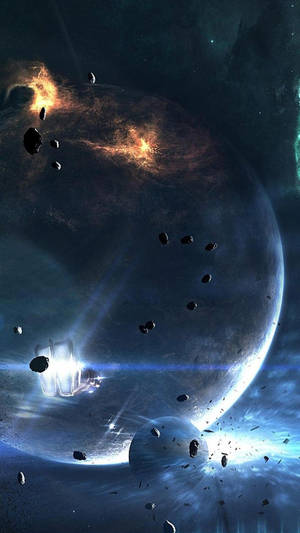 太空船在發光行星附近飛過小行星帶