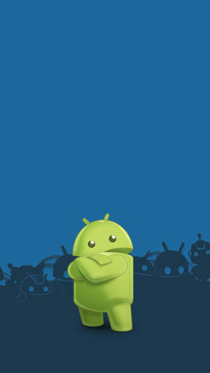 綠色Android吉祥物交叉雙臂，藍色漸變背景上有機械人剪影。