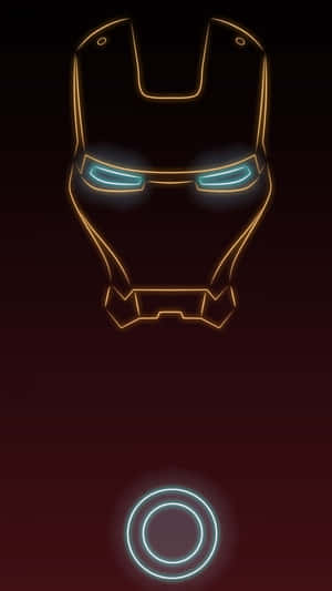 Neon輪廓嘅Iron Man頭盔，有發光眼睛同Repulsor弧，喺暗色背景上。