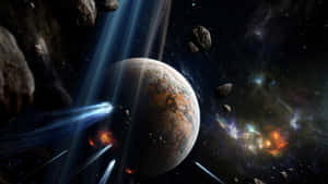 太空中一顆行星被小行星和帶有光條的彩色星雲包圍。 — 太空 壁紙