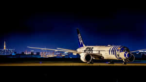 ANA星戰R2-D2飛機夜晚在跑道上，東京城市燈光。