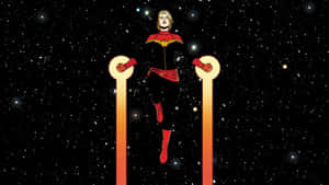 Captain Marvel 在外太空漂浮在發光的柱子之間。