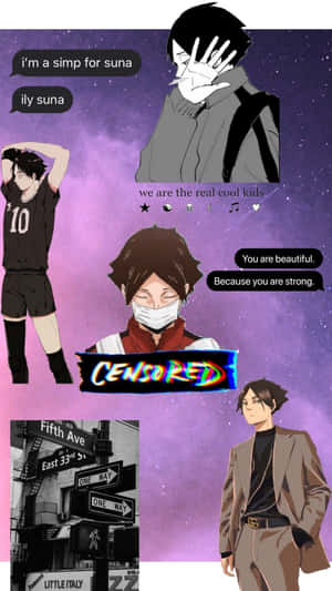 動漫角色與對話氣泡和街牌照片，背景為紫色星空。 — 動漫男孩 壁紙