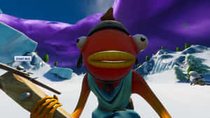 一個紅色魚角色在雪景山場景中手持十字弓。 — Fortnite 造型 壁紙