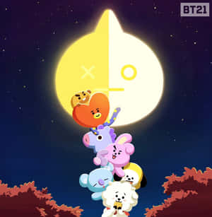 七個BT21角色在夜晚發光的月亮下堆疊。