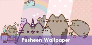 Pusheen貓咪在彩虹下享用雪糕，伴隨閃粉。