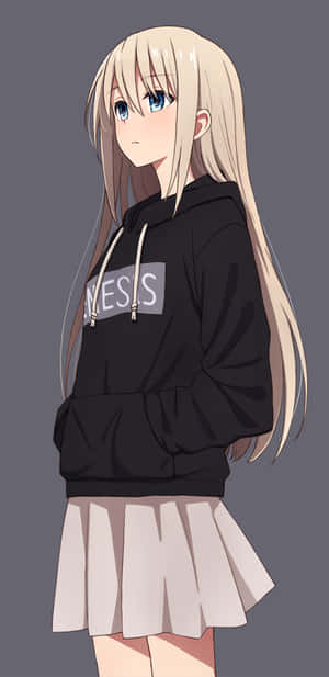 長金髮藍眼動漫女孩穿著黑色連帽衫和白色裙子。