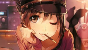 戴帽子的動漫女孩在室內溫暖燈光下抽煙。