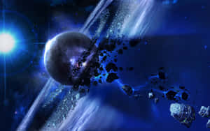 深藍色太空中的行星和小行星，伴隨明亮恆星 — 史詩 壁紙