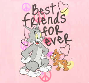 湯姆和傑瑞微笑著，圍繞著「Best Friends for Ever」文字，做出和平手勢和心形。 — 最好朋友 壁紙