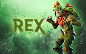 綠色裝備的恐龍戰士角色在綠色潑濺背景上向前猛衝，帶有「REX」文字。 — 要塞英雄 大逃殺 壁紙