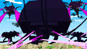 巨大的像素蜘蛛向Minecraft沙漠村莊發射粉紅色激光。 — 暴風 壁紙