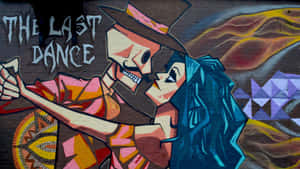 塗鴉壁畫，骷髏和女人在磚牆上與文字「The Last Dance」一起跳舞。