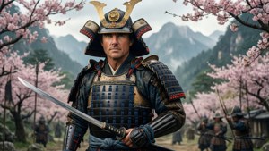 全副武裝的武士在櫻花下持劍，背景有士兵和山巒