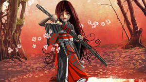紅髮動漫女武士在櫻花林中手持武士刀。
