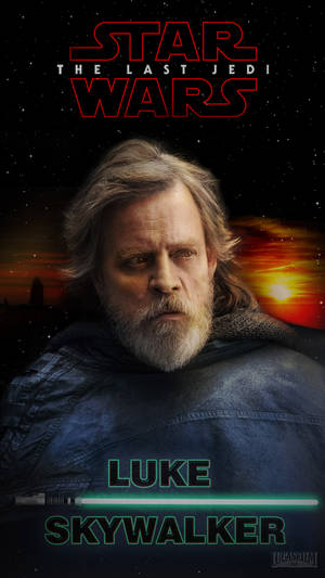 Luke Skywalker 在《星球大戰：最後的絕地武士》海報中，手持發光的光劍，背景是日落天空。