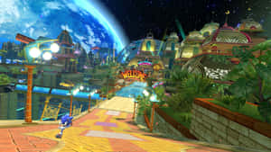 Sonic the Hedgehog 喺夜晚穿過色彩繽紛嘅外星城市，天空中有巨大嘅行星。