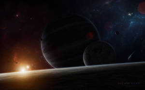 在太空中，外星行星上有衛星和發光星雲的日出。