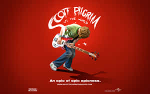 Scott Pilgrim 在動畫風格電影海報中彈奏低音結他。