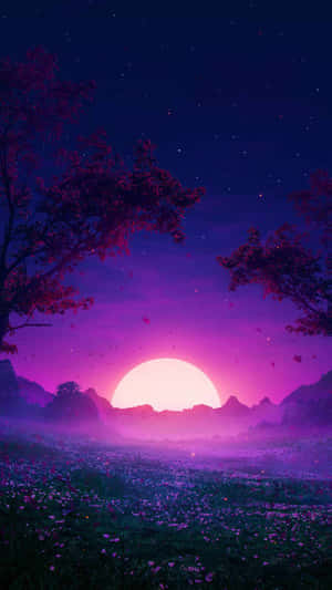 發光月亮下的紫色花田，山巒與星辰