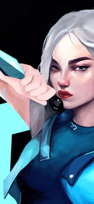 一位堅定的動漫女性，銀髮，手持發光的藍色武器。 — iPhone 15 Pro Max 壁紙