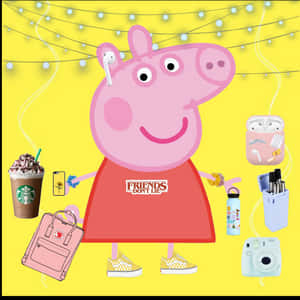 Peppa Pig 拎住時尚物品，例如背囊電話同咖啡，喺黃色燈串背景前。