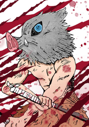 灰色毛皮和藍色眼睛的動漫惡魔拿著一把血淋淋的劍。
