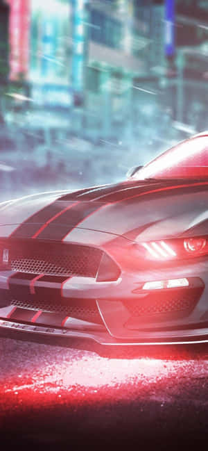 紅色 Shelby Mustang GT500 在雨夜霓虹城市中飛馳 — OnePlus 壁紙