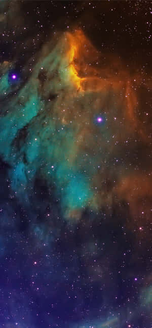 充滿活力的宇宙星雲，帶有青綠色、橙色和紫色的氣體雲和星星。