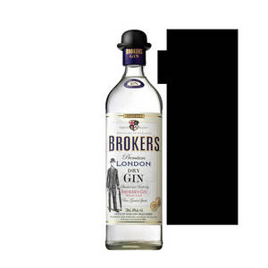 Broker's Premium London Dry Gin 酒瓶，帶有復古紳士標籤和黑色圓頂禮帽蓋。