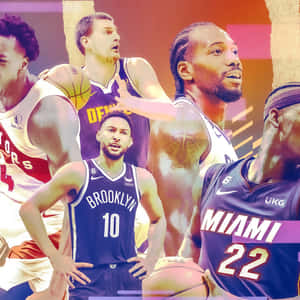 NBA籃球運動員穿著球隊球衣，在色彩繽紛的抽象背景上動態擺姿勢。