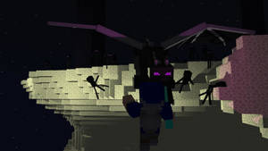 Minecraft玩家在懸崖上面對蝙蝠和蜘蛛，夜晚星空下