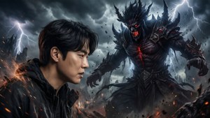 年輕男子在暴風雨戰鬥場景中對抗惡魔怪物。 — 我獨自升級 壁紙