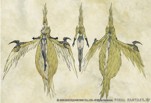 來自《Final Fantasy XIV》的金色羽毛奇幻角色的三個視圖。 — 最終幻想 壁紙
